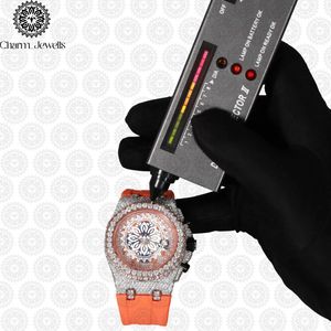 Charm Jewells Reloj de lujo de acero inoxidable con banda naranja y detalles de diamantes, cronógrafo analógico mecánico, moda unisex, caja de 43 mm 10 - Product Image 6