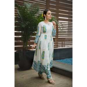 Conjunto de Kurta para Mujer, Transpirable, de Algodón/Fibra de Bambú, Estampado a Mano, Talla XS, Color Blanco - Product Image 3