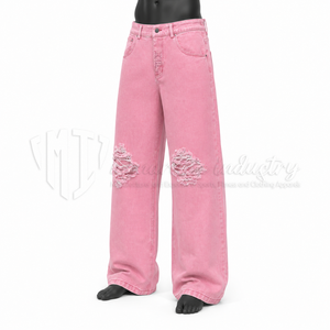 Pantalones Vaqueros Anchos Desgastados Rosa para Hombre, Estilo Baggy, Rotos, de Mezclilla, Casuales, de Algodón 100% de Alto Gramaje - Product Image 3