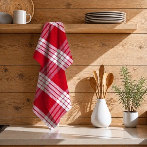 Serviettes de cuisine de Noël écologiques de la plus haute qualité, couleur rouge, motif à carreaux, à prix abordable - Product Image 1