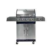 Chariot de barbecue à gaz en acier inoxydable avec quatre brûleurs, brûleur latéral, rangement et roues pour terrasse extérieure