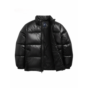 Men Black Shiny Hooded Streetwear Solid Puffer Jacket Winter Thick <b>Warm</b> Lightweight Zip <b>Waterproof</b> Breathable OEM Custom Logo - Product Image 2