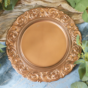 Exquisite floral embossed antique copper charger plate with a <b>brushed</b> finish and ornate rim. Available at wholesale price now. - Product Image 5