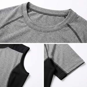 T-shirt de compression à manches courtes pour homme, gris et noir, à blocs de couleur, séchage rapide, en Spandex et Polyester, pour l'entraînement, taille adulte - Product Image 4
