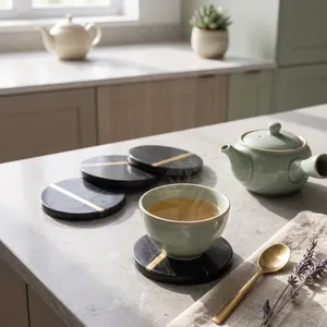 Natural <b>Black</b> Marble Round <b>Coaster</b> Set with Gold Brass Inlay 4 Inch Pack of 4 Table <b>Coasters</b> for Home Decor Glass Cup Holder - Product Image 5