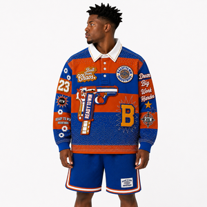 READY TO WIN INDUSTRIES Men's Long Sleeve Embroidered Polo <b>Shirt</b> Street Style <b>Patchwork</b> Design Blue Orange Contrast Trim - Product Image 6