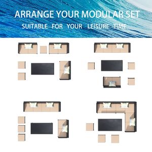 Set di mobili da esterno da giardino in 7 pezzi da tavolo in vetro impermeabile salvaspazio blu-grigio cuscini per sedili kaki per terrazze sul retro - Product Image 5