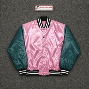 Blouson universitaire en satin rose et vert sarcelle foncé, blouson bomber de baseball brillant de qualité supérieure avec manches contrastées et bordures côtelées rayées noir et blanc - Product Image 5
