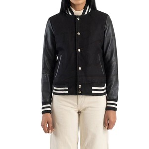 Women Varsity Letterman <b>Jacket</b> Black Wool Body with Black Real <b>Leather</b> Sleeves Slim Fit Premium Classic Baseball Casual College - Product Image 1