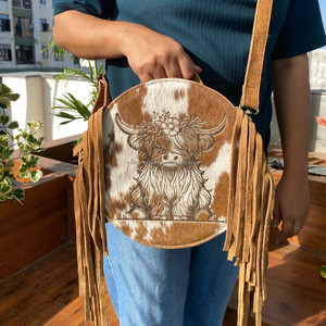 Bolso de Cantina con Flecos de Piel de Vaca Hecho a Mano para Mujer, Bandolera Redonda Floral con Relieve Láser Occidental, Bolsos de Cuero de Gamuza - Product Image 2