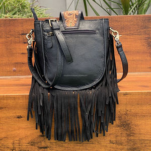 Sac à bandoulière en cuir véritable repoussé vintage personnalisé, sacs à main de luxe à franges en cuir de vache avec rabat pour femmes - Product Image 5