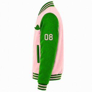 เสื้อแจ็คเก็ตวาร์ซิตี้ Alpha Kapa Alpha Sorority แบบสั่งทำ สีเขียวและชมพู แขนยาว ซิปด้านหน้า คอเสื้อมีแถบ ปักโลโก้ ผ้าฝ้าย - Product Image 4