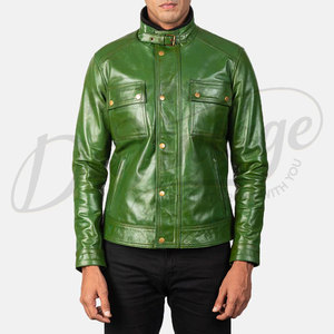 พรีเมี่ยม เมน เลิม กรีน เสื้อแจ็คเก็ตหนัง ปกแบบมีหัวเข็มขัดสไตล์เรโทร กระเป๋าหลายช่อง ทรงเข้ารูป หนังแท้ แฟชั่นลำลอง - Product Image 4