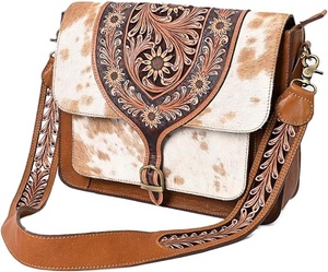 Unique Western Style Tooled Hair on Hide Fur Leather Hand Bag Women Handmade Tooled Fur Leather Vintage Style Messenger Bag - Product Image 2
