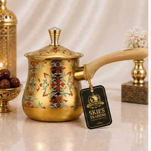 หม้อกาแฟตุรกีลายทองประดับตกแต่งอย่างหรูหรา ทำจากโลหะลายนูน พร้อมฝาปิดและด้ามจับไม้ สำหรับการชงแบบดั้งเดิม - Product Image 1