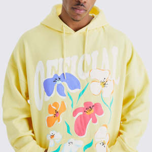 Men's Loose Floral Print <b>Hoodie</b> Tracksuit Set <b>Yellow</b> Long Sleeve Hooded Sweatshirt Pants Spring - Product Image 5