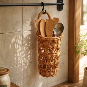 Cestas de almacenamiento de ratán montadas en la pared con asas, maceta rectangular hecha a mano para sala de estar, estilo rústico - Product Image 6