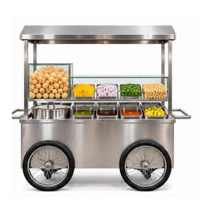 Carrito de Comida Móvil de Acero Inoxidable de 3 Ruedas, Resistente al Óxido, Dimensiones Personalizables, Mostrador con Vitrina de Vidrio, Bandeja de Servicio para Exteriores - Product Image 3