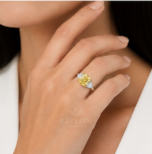 Luxurious three stone ring in 18K white gold with fancy yellow cushion diamond trillion side diamonds sleek minimal couture desi - Product Image 6