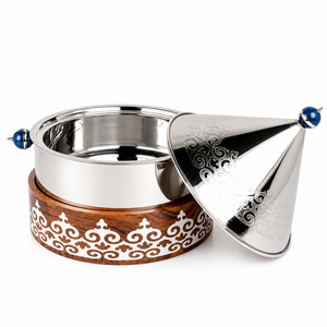 Casserole de luxe en acier inoxydable avec couvercle gravé |   Bol chauffe-plat isolé avec base en bois pour la maison et les restaurants - Product Image 1