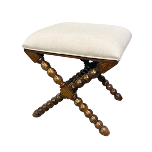 Traditional <b>Wooden</b> <b>Stool</b> With Upholstered Seat And Ball Turned Legs Antique Design Living Room Furniture - Product Image 1
