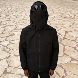 <b>Men's</b> Black Windproof Hooded Jacket with Built-in <b>Face</b> <b>Mask</b> and Goggles French Terry 100% Cotton Oversized Fit Winter Casual - Product Image 1