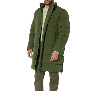 Long <b>Quilted</b> Winter Jacket Men Olive Green Full Sleeve Zipper Closure Stand Collar Thick Polyester <b>Wadding</b> Solid Color - Product Image 1