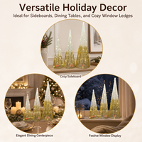 Ensemble de trois lampes coniques en métal à piles avec paillettes dégradées or et blanc pour la décoration de table de Noël