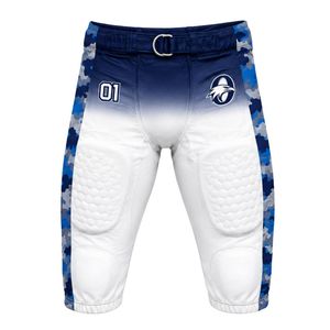 White & Royal Blue American Football <b>Compression</b> Shorts with Integrated Hip and Thigh Pads for Practice, Match & Training - Product Image 1