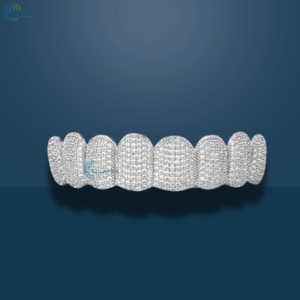 Grillz sur mesure en or blanc massif 14 carats avec diamants de laboratoire, ensemble complet 8 dents supérieures et 8 dents inférieures entièrement sertis de diamants pour hommes - Product Image 6