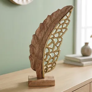 Décoration de table en forme de feuille métallique avec base en bois, sculpture décorative en forme de feuille pour la maison, le bureau, le salon, centre de table - Product Image 6