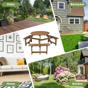 6-Person Round <b>Wooden</b> Picnic <b>Table</b> with Umbrella Hole & 3 Built-In Benches for <b>Garden</b> Sets - Product Image 5