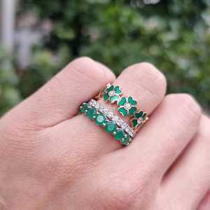 Anillo de Trébol con Diamantes Personalizado, Esmalte Verde Esmeralda, Anillos Apilables, Joyería Fina Brillante para Cóctel, Oro Sólido de 10K, 14K, 18K - Product Image 6