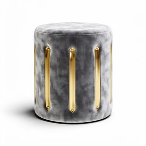 Velvet Round Golden Multiple Strip Ottoman Office Stool Foot Rest Stool Linen Fabric Padded Seat <b>Pouf</b> Ottoman with Round Shape - Product Image 1