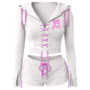 Ensemble décontracté deux pièces en molleton de haute qualité avec sweat à capuche zippé et short, ensemble deux pièces haut court et sweat à capuche de haute qualité pour femme - Product Image 6