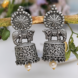 Nova Mart Bahubali Style Alloy with Gold Plating Oxidized Polish Chandelier Drop Earrings with Pearl Studs - Product Image 3