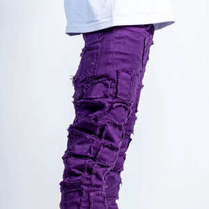 กางเกงยีนส์ผู้ชายสีม่วงแบบปะติดปะต่อ OEM ODM - กางเกงยีนส์ทรงสลิมฟิตสไตล์สตรีทแวร์ขาดๆ เซอร์ๆ สำหรับแฟชั่นทันสมัย - Product Image 4