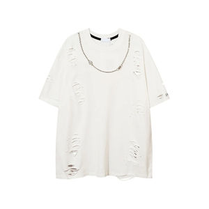 Camiseta Blanca Casual de Manga Corta para Hombre, Cuello Redondo, Estilo Desgarrado, Logotipo Frontal, Estilo Urbano, 100% Algodón, Tela de Lona - Product Image 1