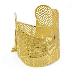 Bracelet jonc Kada en laiton plaqué or 14K, 18K, 24K pour femme, motif floral filigrané, avec fermoir chaîne – Vente en gros - Product Image 2