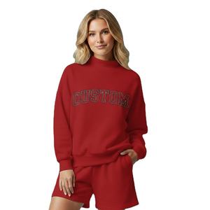 Ensemble sweat-shirt et short pour femme, vert uni, imprimé texte « CUSTOM », col montant, coupe ample, manches longues, style décontracté, streetwear, vêtements de sport - Product Image 2