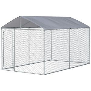 Recinto per Cani Resistente in Acciaio Zincato con Chiusura Sicura, Pareti Laterali a Rete e Copertura Impermeabile per Cuccia da Giardino - Product Image 1