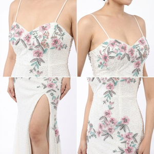 Robe longue moulante élégante blanche à fleurs brodées pour femmes |   Décolleté cœur à fines bretelles |   Soirée de mariage - Product Image 4