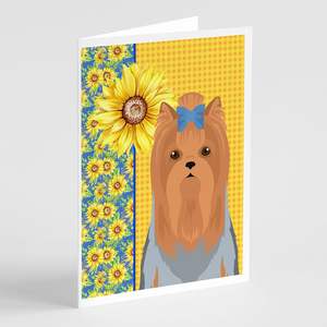 Whimsical Summer Sunflowers Blue Tan Yorkshire Terrier Tarjetas de felicitación Pack 8 A7 Tamaño 5x7 Tarjetas de nota en blanco con sobres - Product Image 1