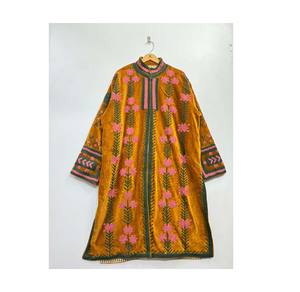 Mustard Velvet Embroidered Long <b>Robe</b> with Floral Thread Work Side Seam Pockets 100% Cotton Quick <b>Dry</b> Breathable-Spring Summer - Product Image 1