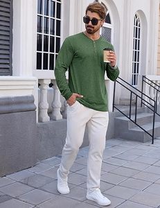 Chemise Henley à manches longues pour homme, couleur verte, coupe classique, en coton tricoté, haut décontracté, couleur unie, respirant, col rond - Product Image 5