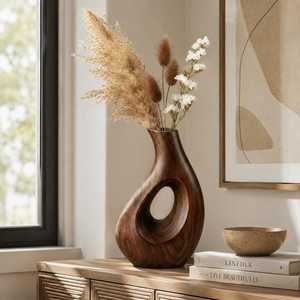Modern Wooden Tabletop <b>Vase</b> with <b>Unique</b> Hole Design Entryway Teak Handmade Decorative <b>Vase</b> for Home Garden Dried Flowers Decor - Product Image 5