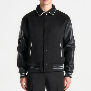 Chaqueta Varsity Gris para Hombre con Mangas Blancas, Diseños de Parches, Cuello Camisero, Botón Único, Estilo Casual - Product Image 4