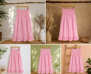 Stylish Pink Striped Bohemian 100% Cotton <b>Long</b> Maxi <b>Skirt</b> with White Crop Top Co-ord Set | Trendy Women <b>Summer</b> Resort Wear - Product Image 6