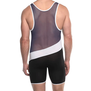 Combinaison de lutte ajustée pour homme, dos en maille dégradée, noir et blanc, sans couture, respirante, vêtements de sport de combat, taille adulte - Product Image 1