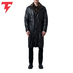 <b>Men's</b> Genuine <b>Leather</b> Eco-Friendly Feather Filled <b>Long</b> Down <b>Coat</b> Notched Lapel Single Breasted Overcoat Standard Winter Wear - Product Image 2